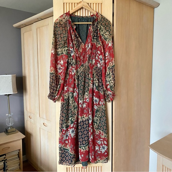 Zara bohemian floral printed metallic thread midi dress red gold - Picture 6 of 15